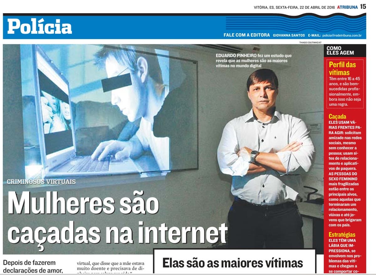 Página do jornal A Tribuna com a reportagem "Mulheres são caçadas na internet", com foto de Eduardo Pinheiro